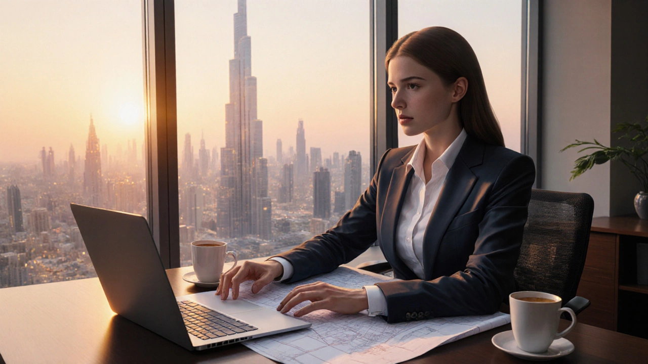A female engineer working in a high-rise office with Dubai&#039;s skyline visible through the window.