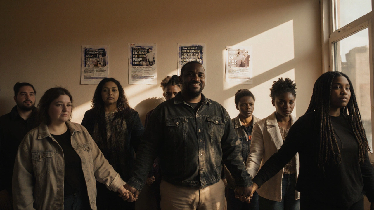 A group of survivors and volunteers in a London community center, holding hands under soft daylight.
