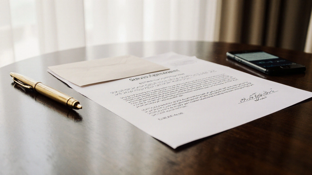 A handwritten service agreement on wood with a sealed envelope and gold pen, no faces visible.