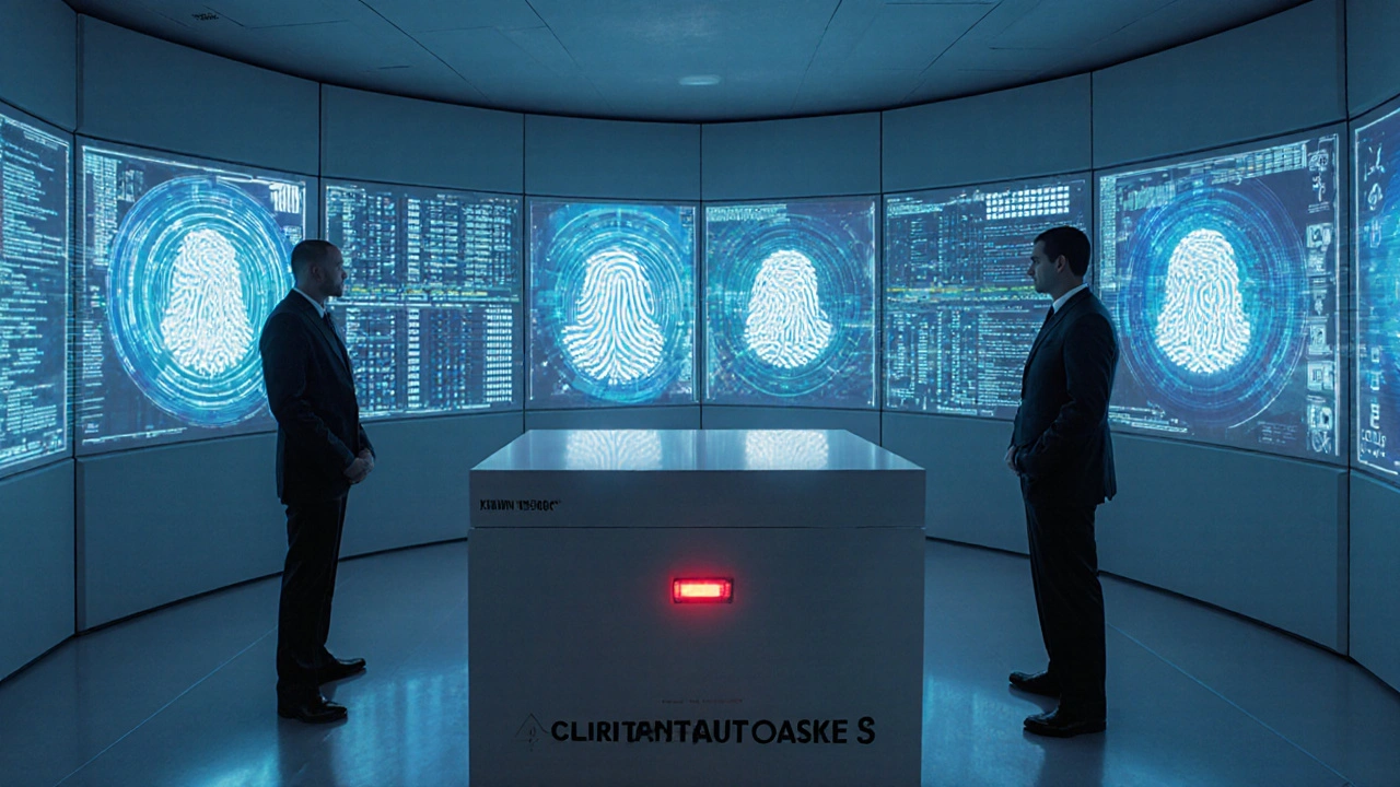 A high-tech security room with holographic data streams and two officers monitoring encrypted records.