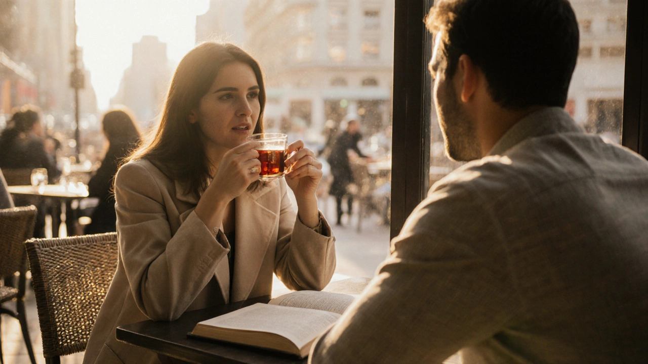 A Russian expat and man having a respectful conversation in a sunlit Dubai café.