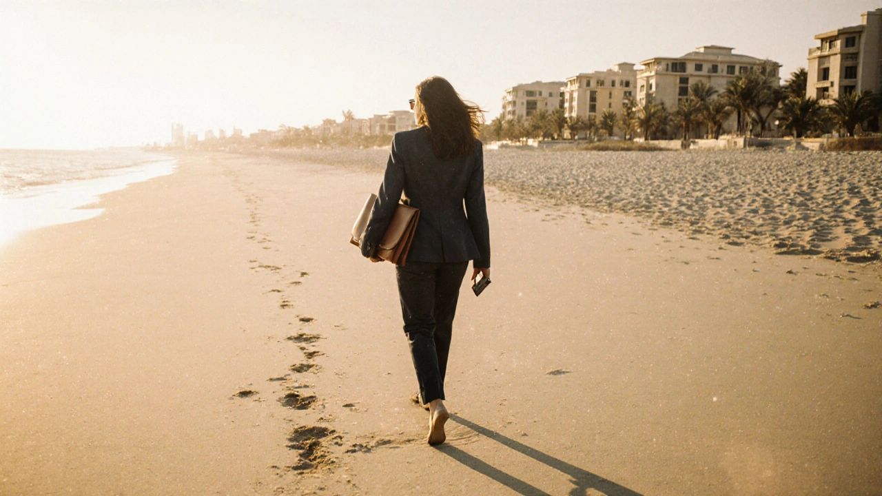 A woman walking alone on Palm Jumeirah beach at golden hour, carrying a portfolio.