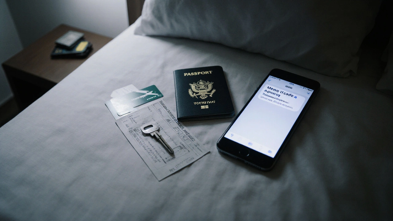Burner phone with WhatsApp message, passport, and keycard on hotel nightstand.