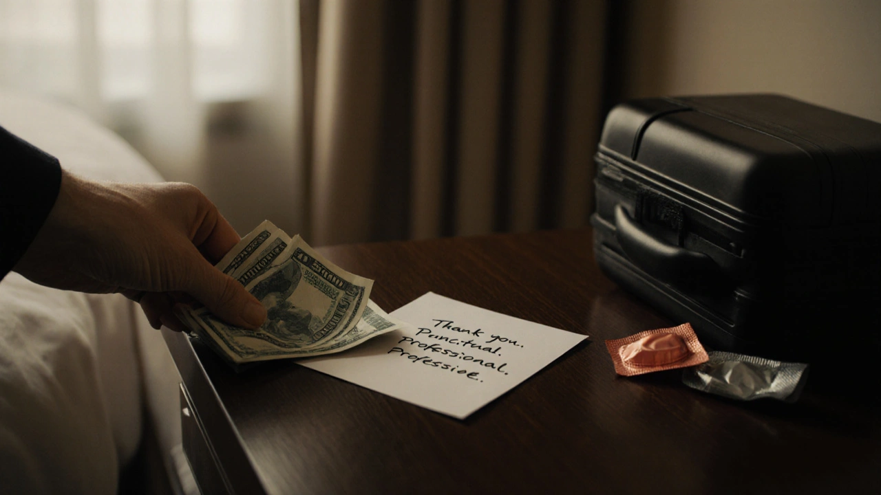 Cash and condom wrapper on nightstand, symbolizing a discreet, professional end to an appointment.