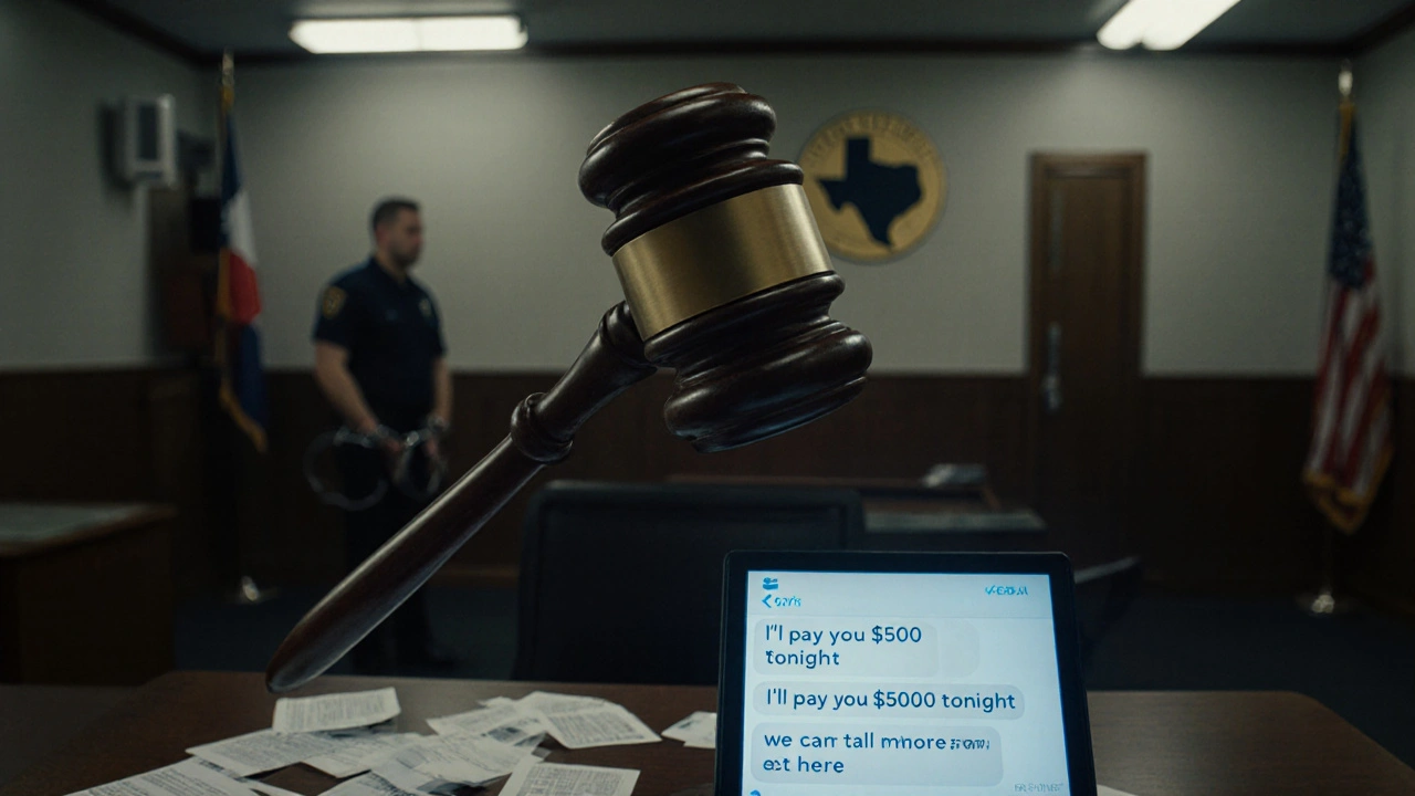 Courtroom scene with incriminating text messages displayed under harsh lights, symbolizing legal risk in Texas.