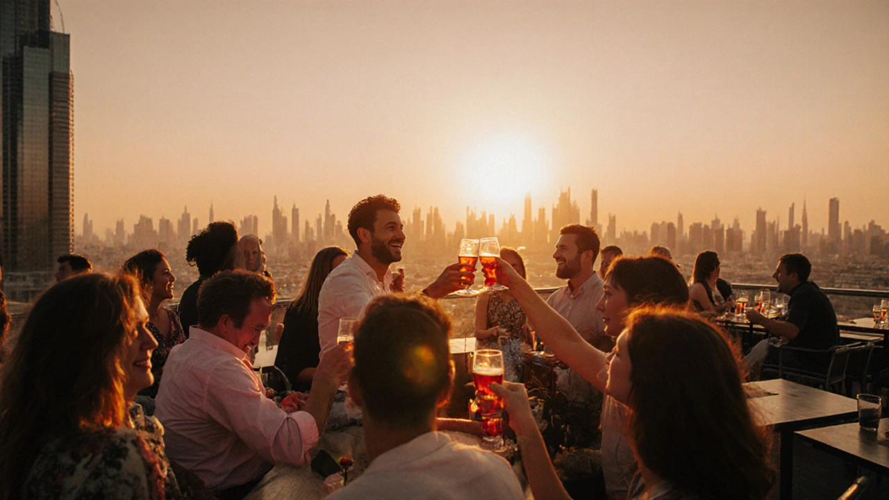 Diverse group of people enjoying a rooftop bar in Dubai at sunset, laughing and socializing.