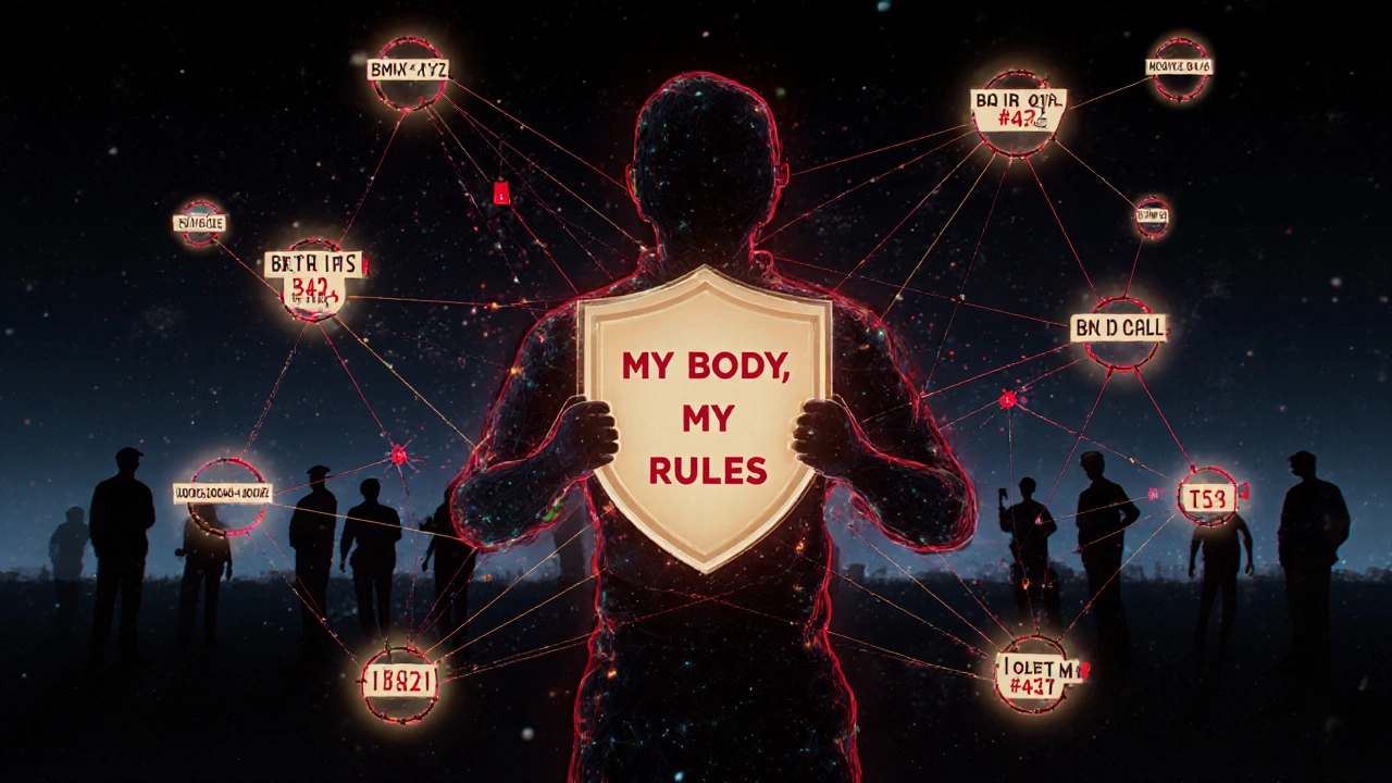 Glowing network of safety alerts connected to a figure holding a shield with &#039;My Body, My Rules&#039;.