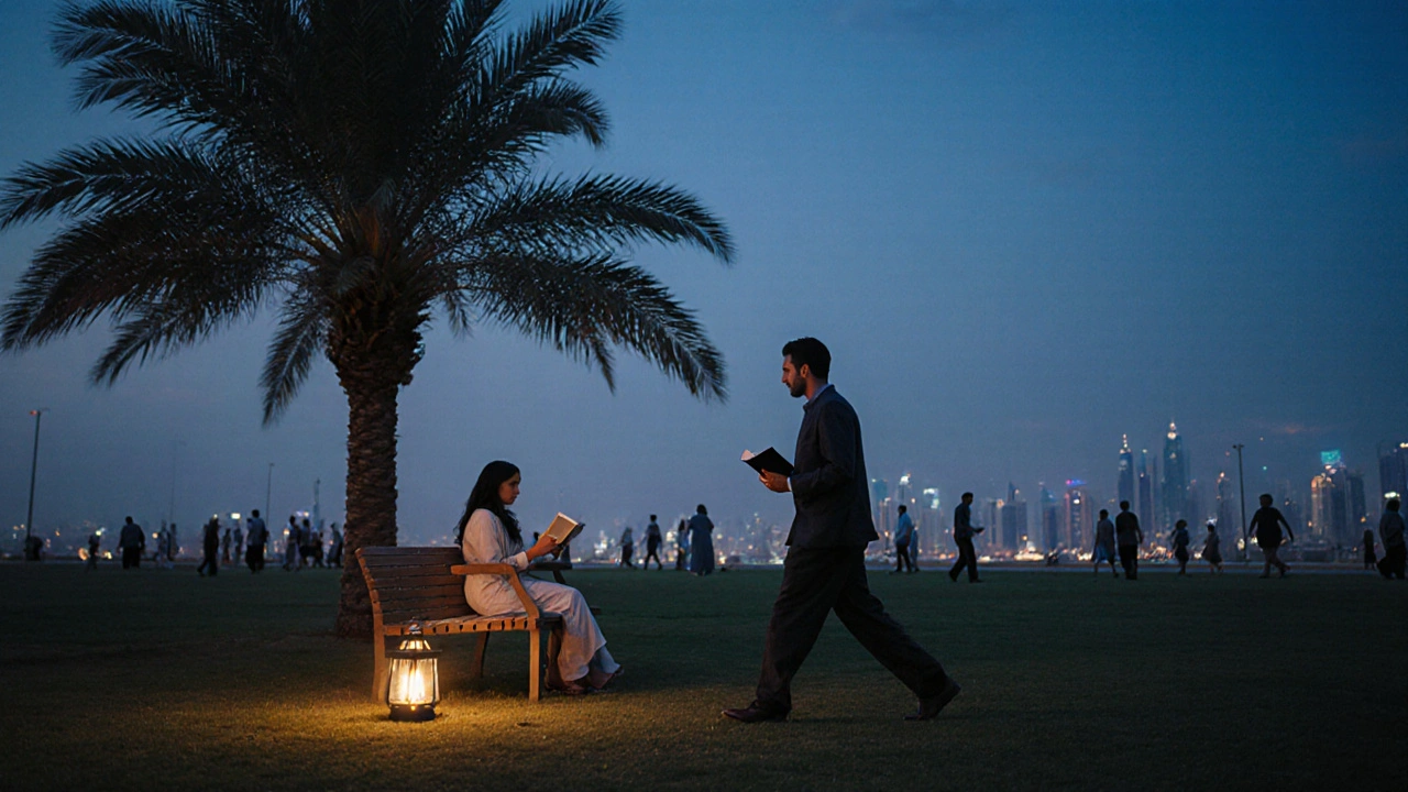 Man and woman quietly coexisting in Al Safa Park at dusk, no physical contact.