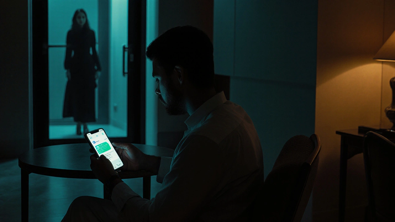 Man in hotel lobby looking at encrypted message, woman hesitating outside door.