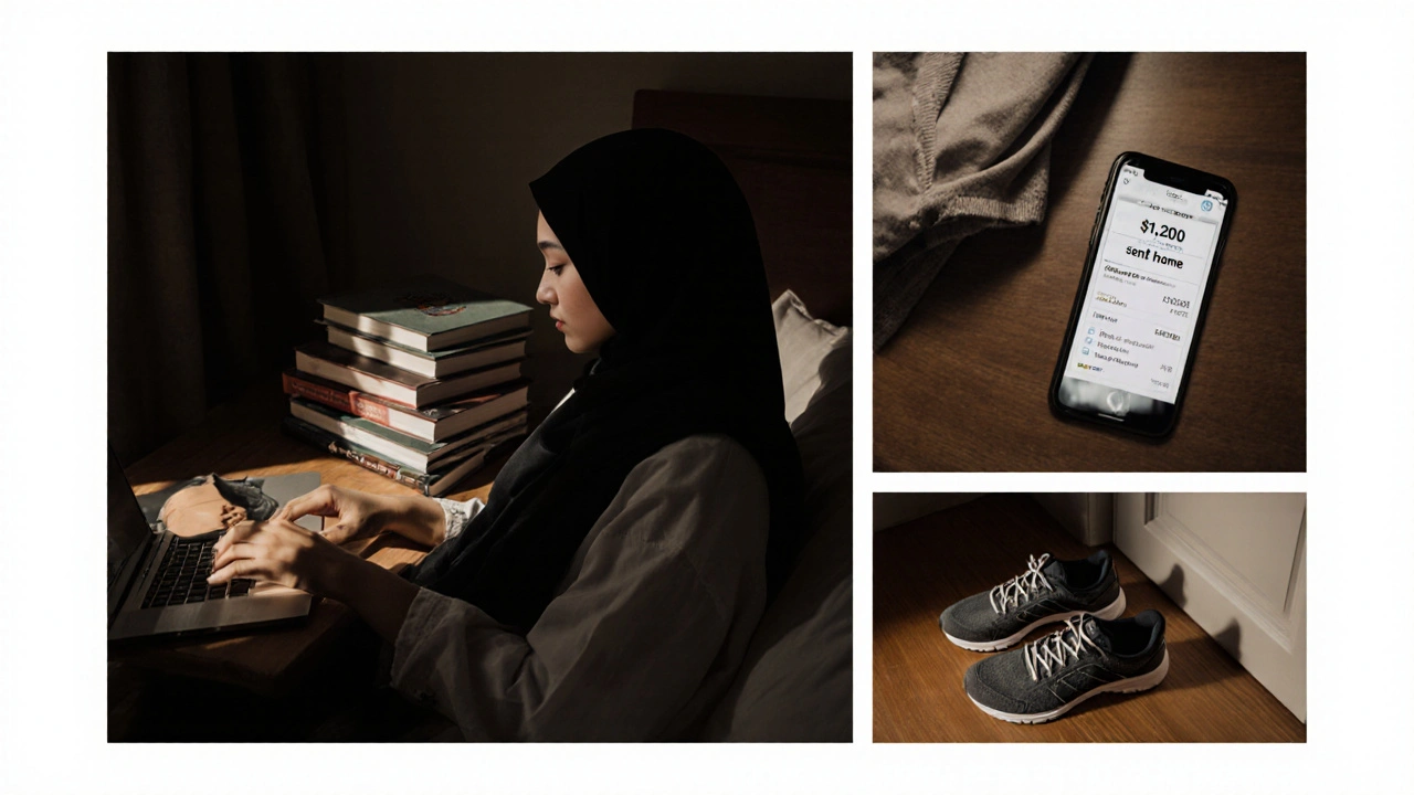 Quiet personal moments of a woman in Dubai: laptop, books, money transfer receipt, and running shoes.