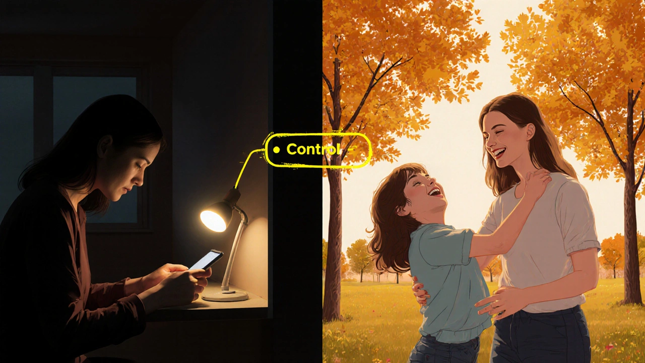 Split image: woman working privately and enjoying family time, connected by golden thread.