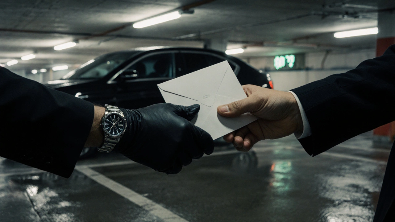 Two gloved hands exchanging an envelope in a dark parking garage, unmarked car in the background.