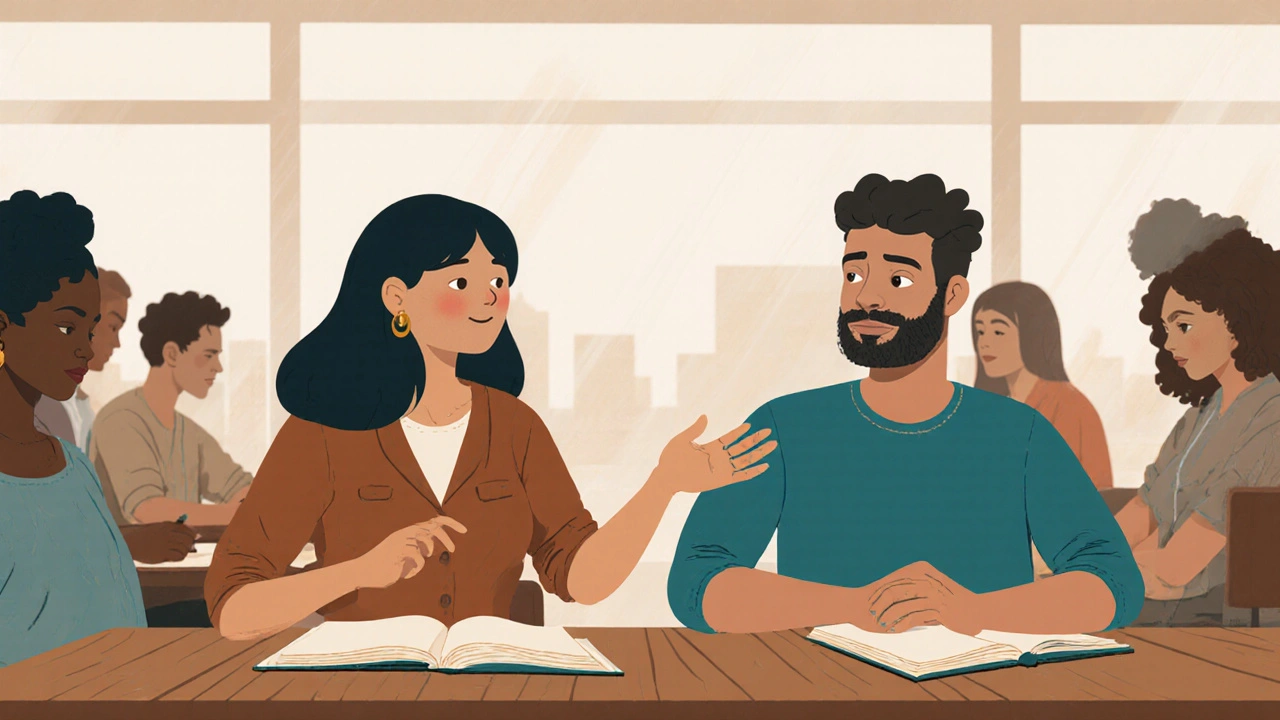 Two people engaged in a language exchange meetup in a bright, quiet Dubai space.