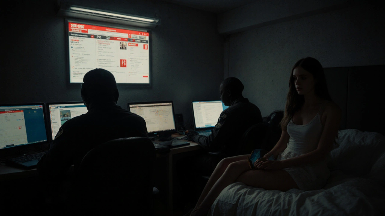 Underground operators managing escort ads on screens while a trapped woman sits quietly on a bed.