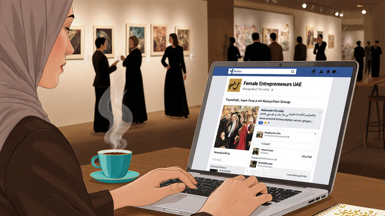 Woman in abaya working on laptop at a Dubai café with art exhibition in background