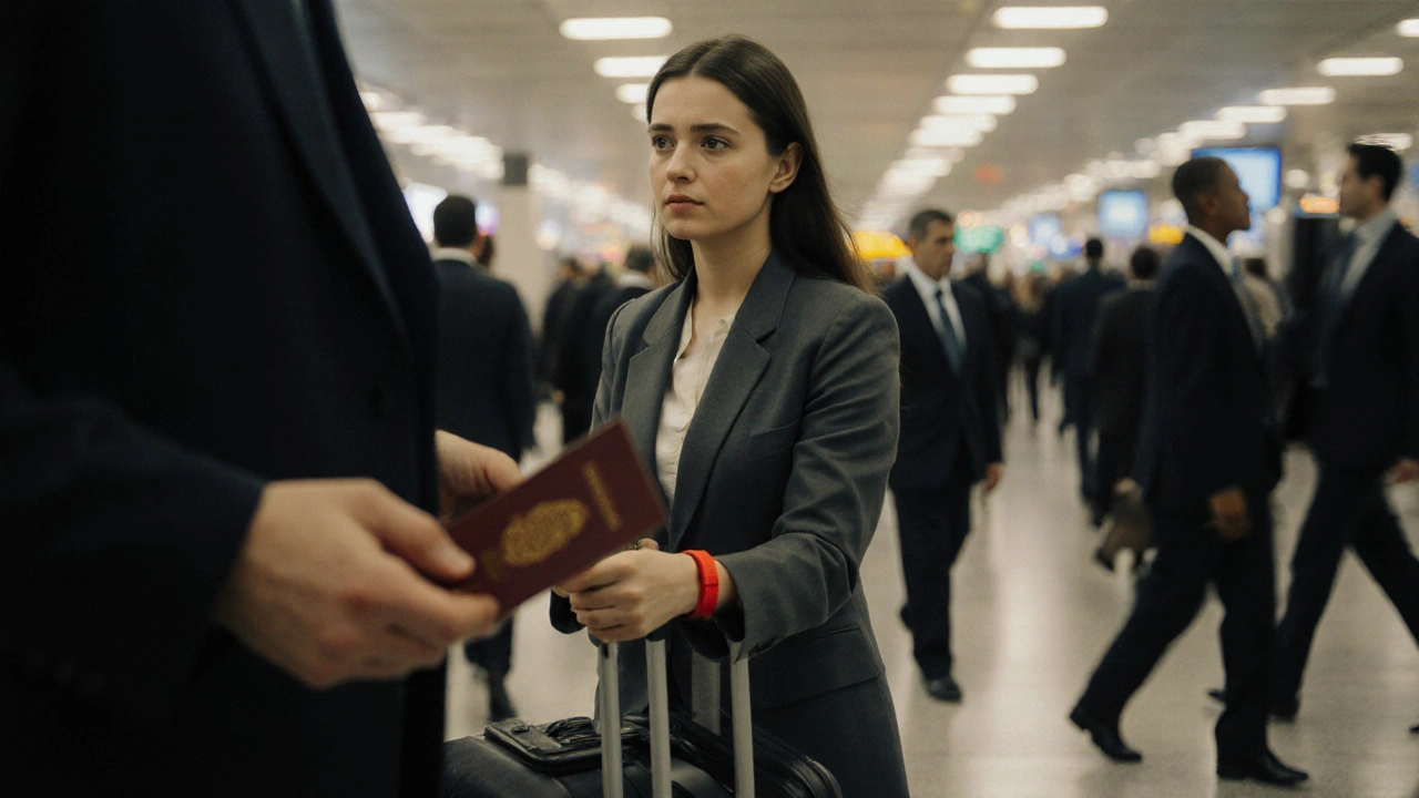 Woman in airport with passport held out of frame, surrounded by anonymous travelers.