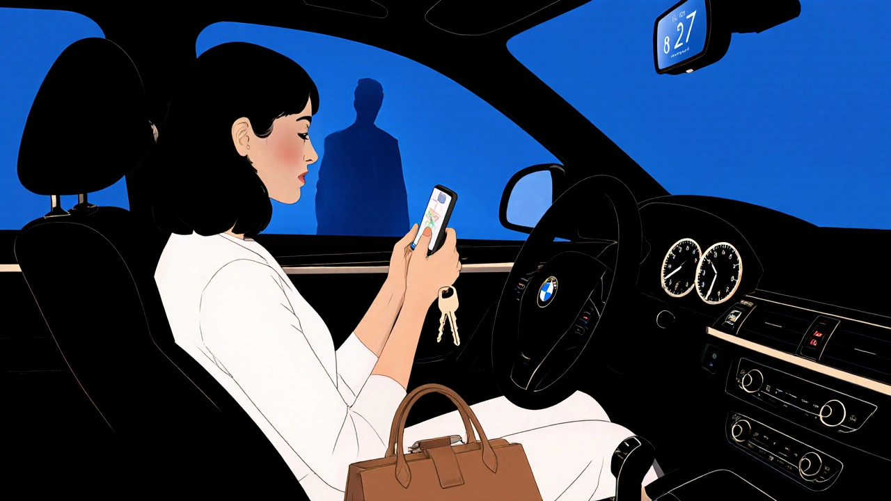 Woman sitting in front seat of a black car, keys in hand, bag near door, night view outside.