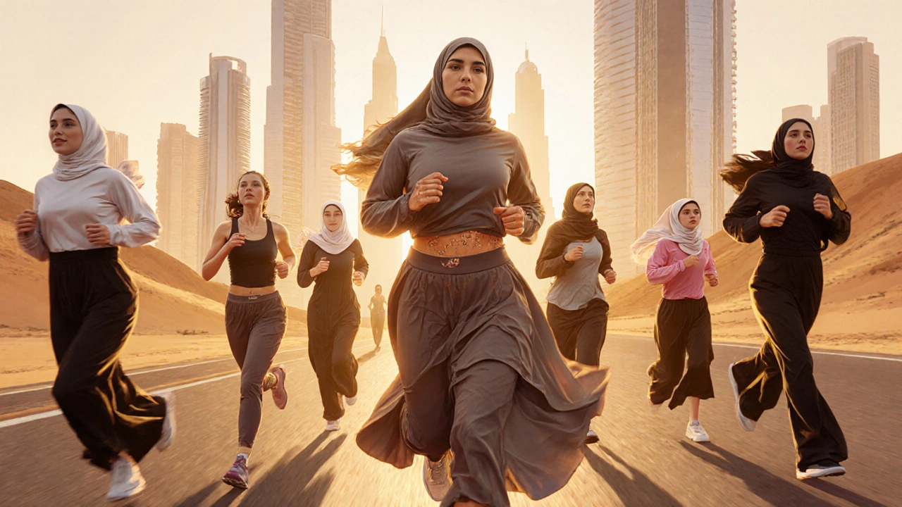 Women of different backgrounds running together in the Dubai Women’s Marathon at sunrise.