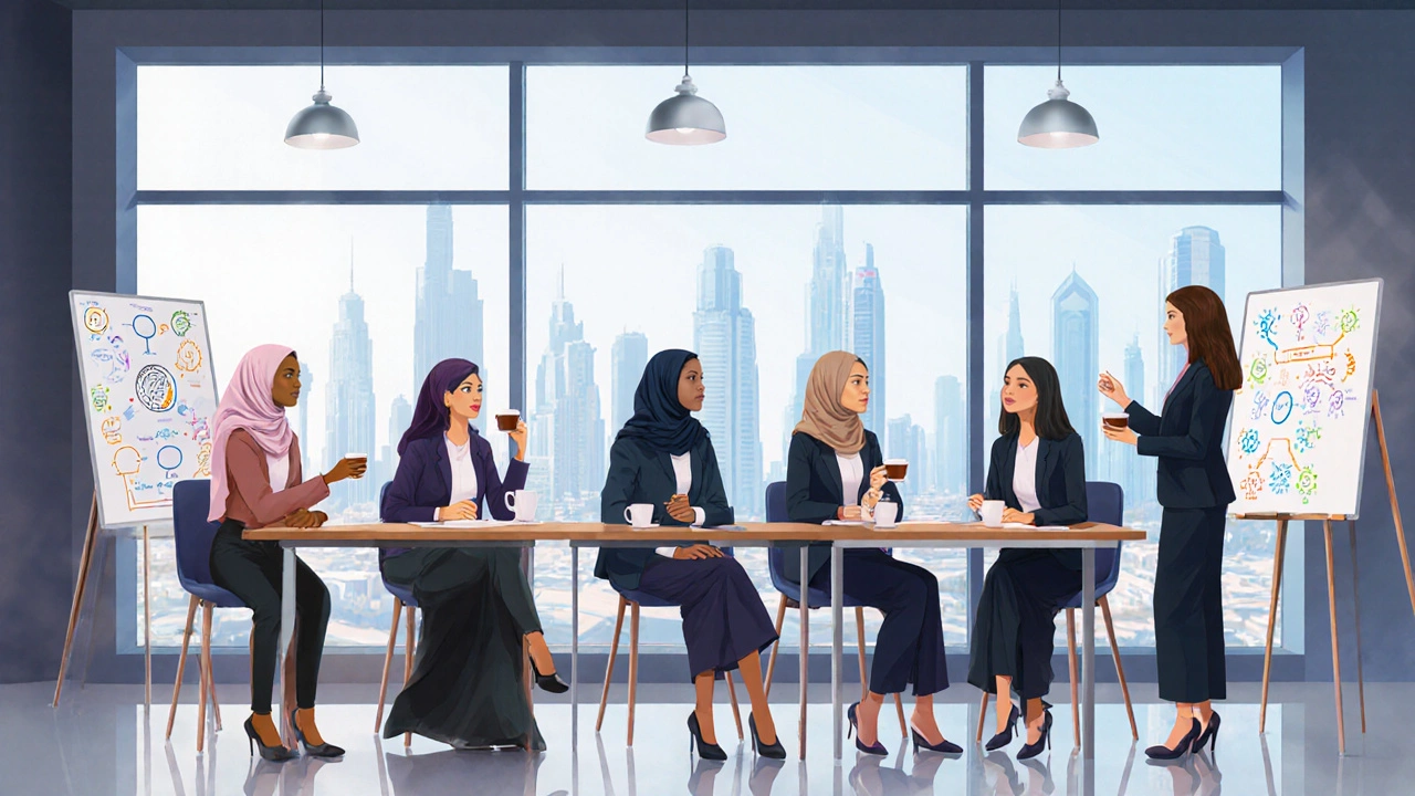Women of various cultures networking in a modern Dubai co-working space with city views.