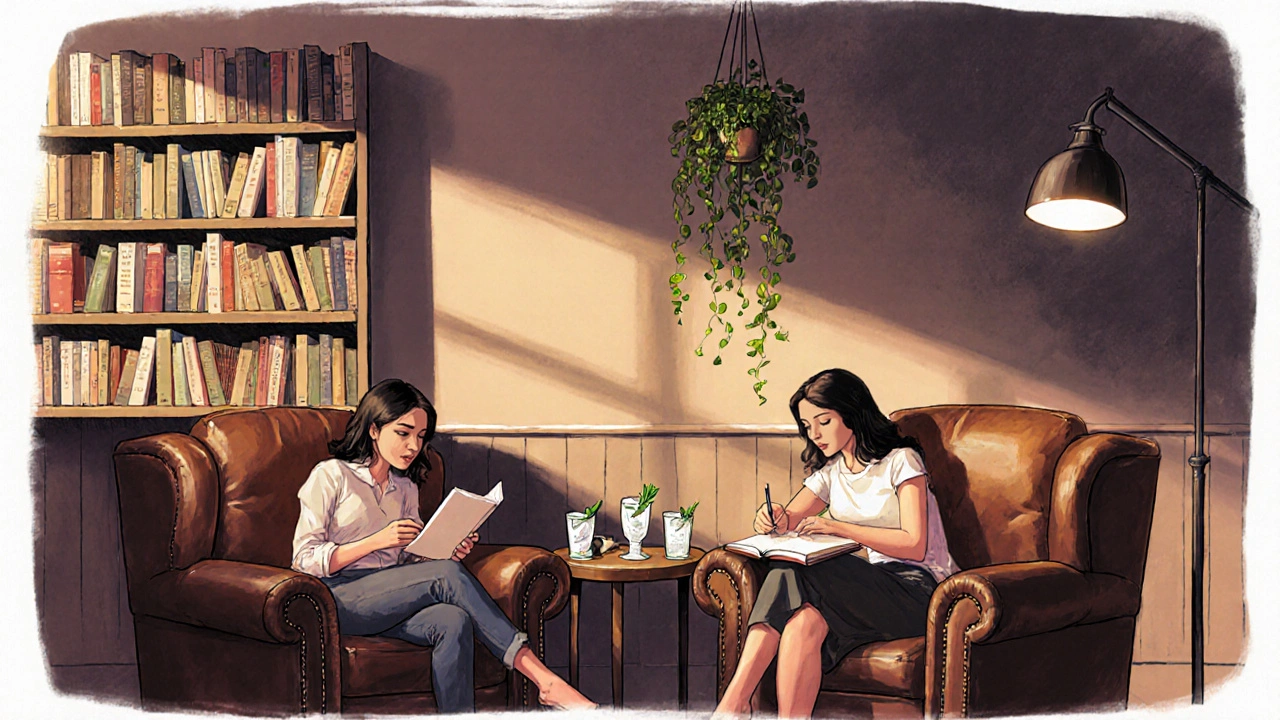 Women relaxing in a book-filled bar with gin and tonics and soft lamplight.