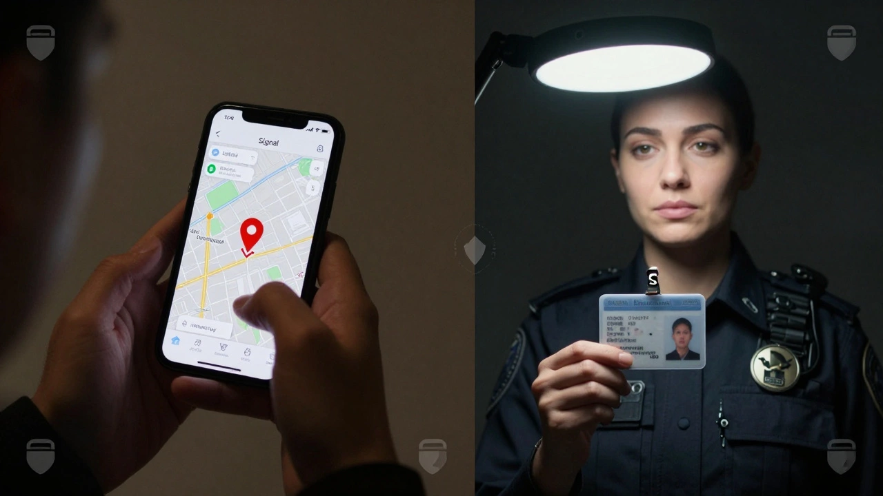 A client using encrypted messaging and an escort verifying identity under a verification lamp.