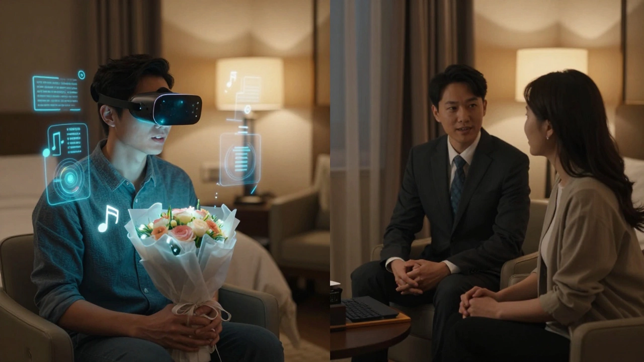 A client wearing AR glasses sees digital overlays while sitting with an escort in a softly lit room.