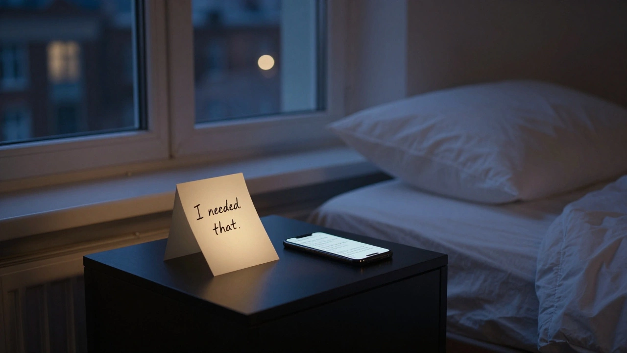 A handwritten note and text message on a bedside table, symbolizing quiet client gratitude.