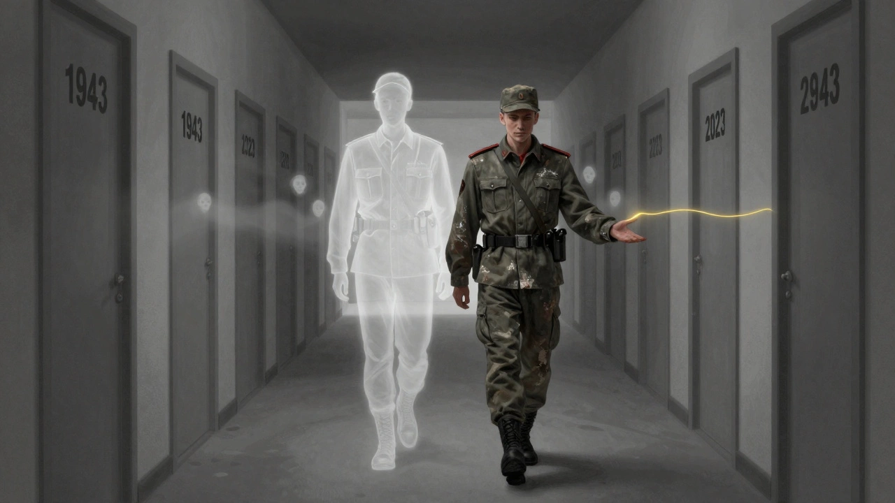 A living escort walks beside a translucent veteran through a hallway of memory doors, symbolizing silent companionship.