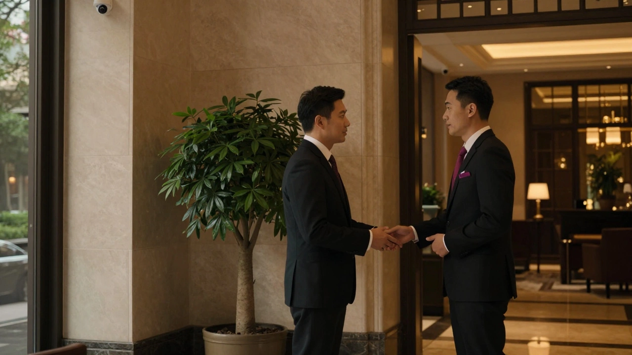 A respectful, non-contact interaction between a client and escort in a luxury hotel lobby.