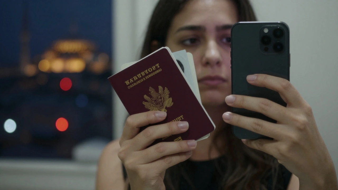 A woman&#039;s hands holding a passport and selfie phone, her reflection showing exhaustion in a mirror.