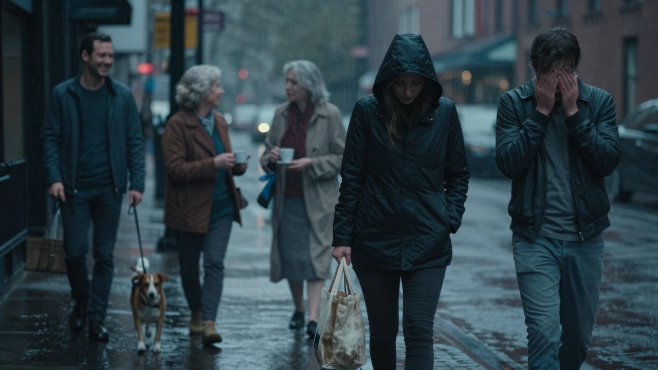 A woman walking home at night, ghostly images of past clients fading into the rain around her.