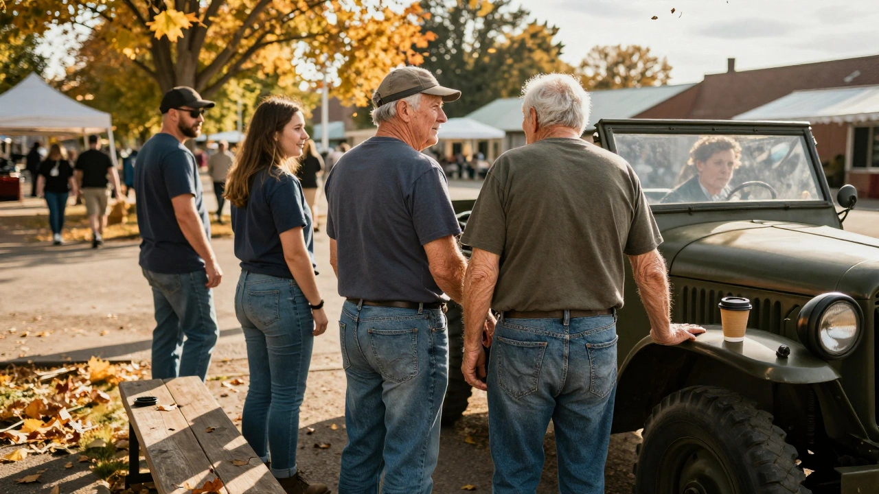 An elderly WWII veteran at a county fair, supported by a volunteer in casual clothes under autumn light.