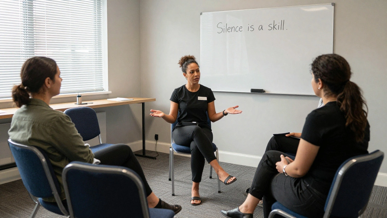 An escort training session focused on active listening and emotional presence.