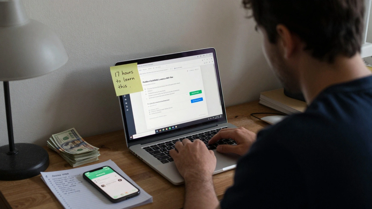 An independent escort struggles with a misclassified CRM profile, surrounded by a smartphone and cash.