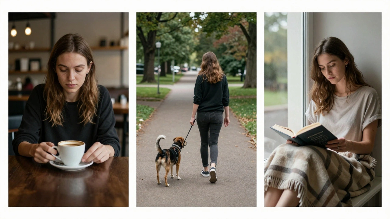 Candid moments of daily life: coffee, a walk with a dog, and reading by a window — authentic and serene.