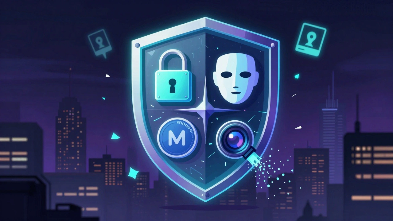 Digital shield made of four security elements protecting a city skyline from data threats.