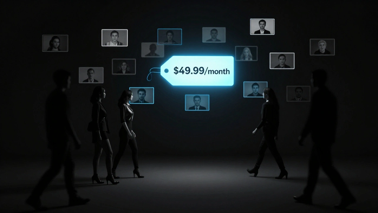 Floating escort profiles on a dark digital interface with a glowing monthly fee tag, silhouettes moving apart.