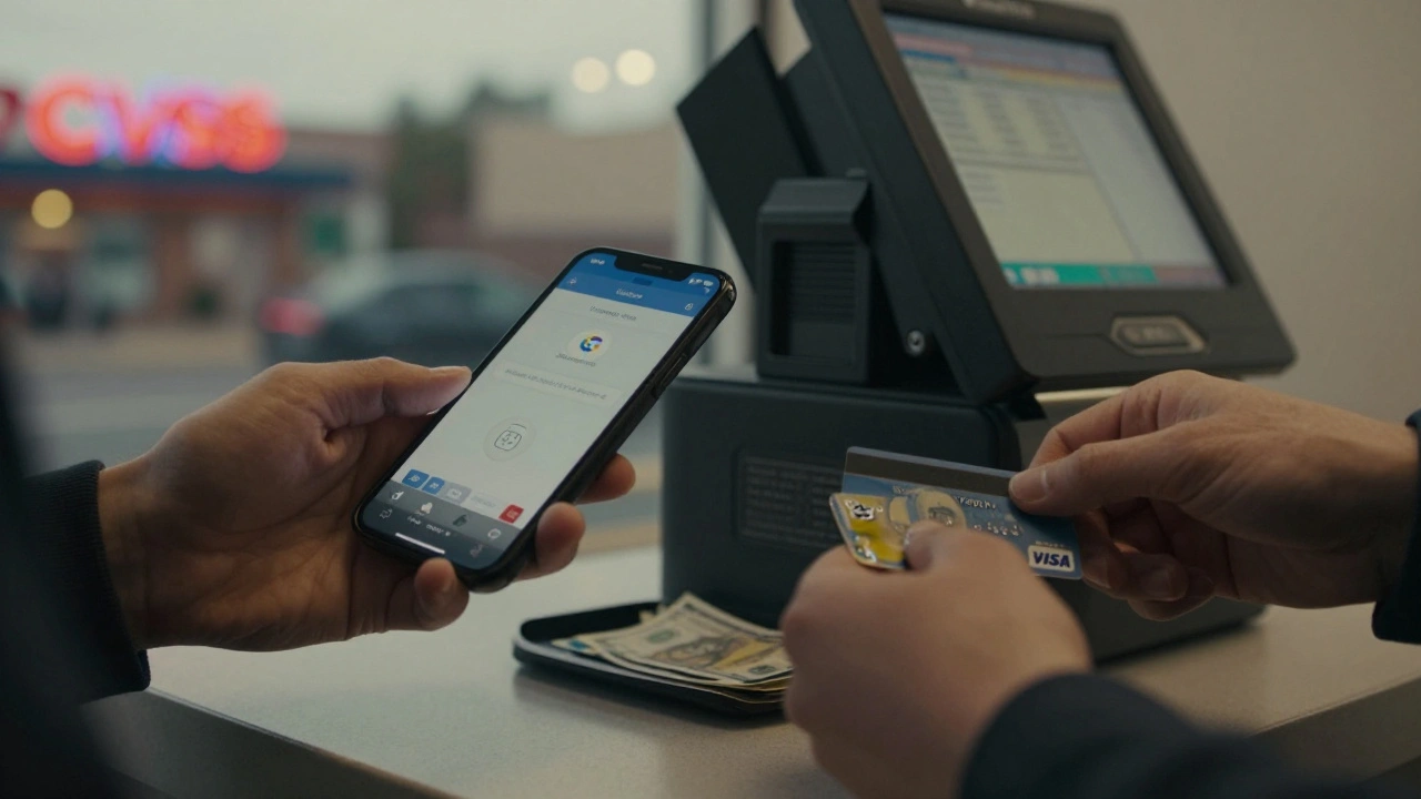 Hands buying prepaid Visa card at CVS store with cash, burner phone visible.