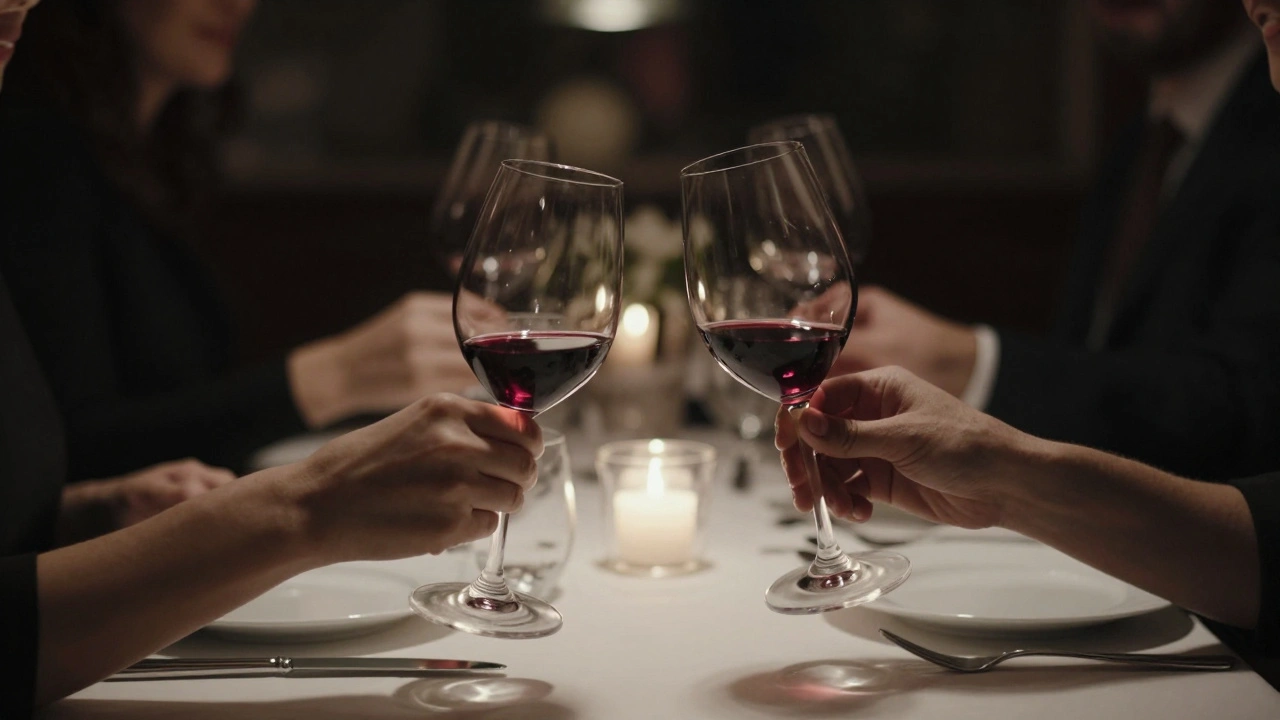 Hands holding wine glasses at a restaurant, candlelight, no faces visible, elegant setting