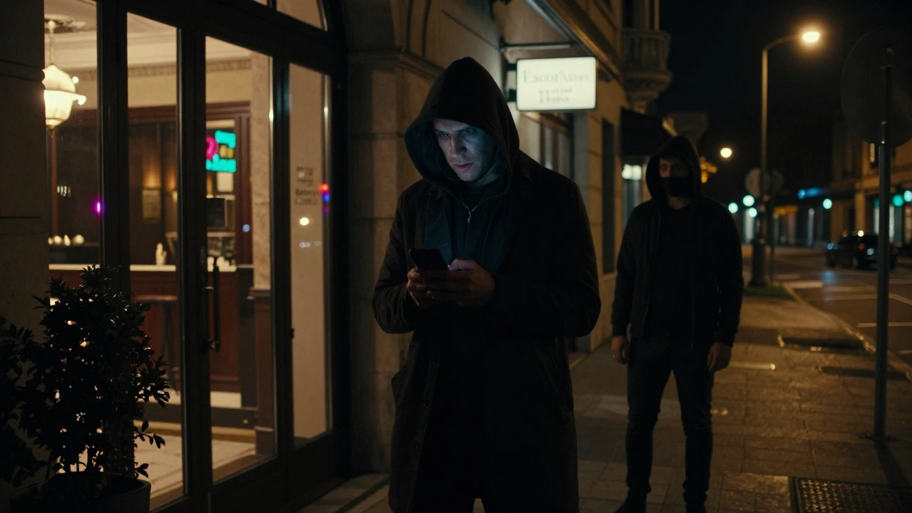 Person holding phone outside hotel at night, wary of a suspicious figure.