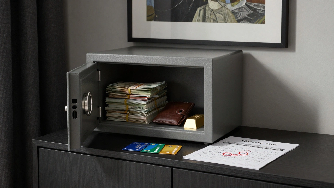 Safe behind a painting containing cash, crypto wallet, and gold bar, with business bank cards and tax calendar below.