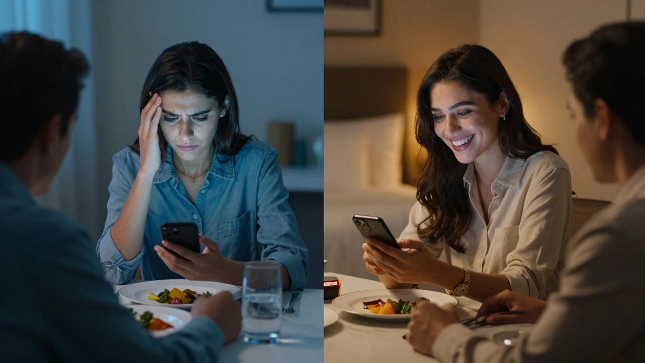 Split scene showing a sex worker balancing secrecy with her romantic partner and professional interactions.