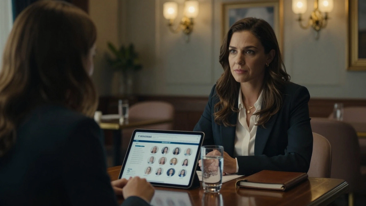 Woman in professional attire meeting her agency director at a quiet upscale club.