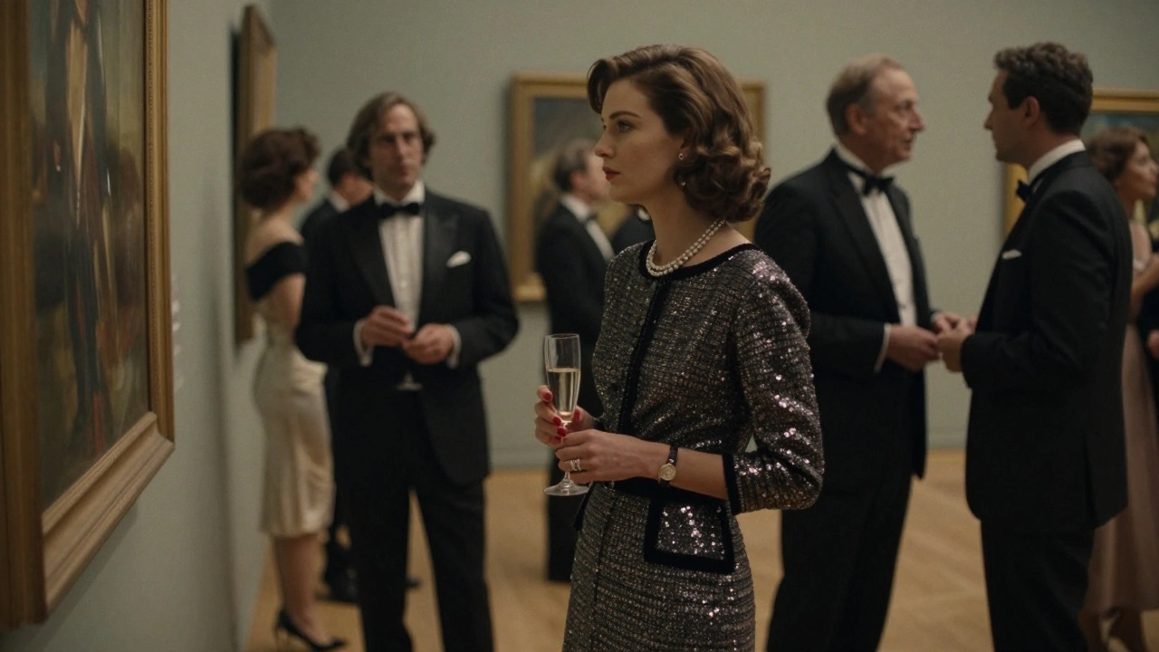 Woman in vintage Chanel dress at an art gallery gala, standing quietly beside a male client.